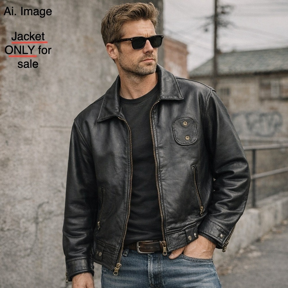Softball Clothing Co.‎ Vintage Black Leather Bomber Jacket Zip Front Men M. Moto